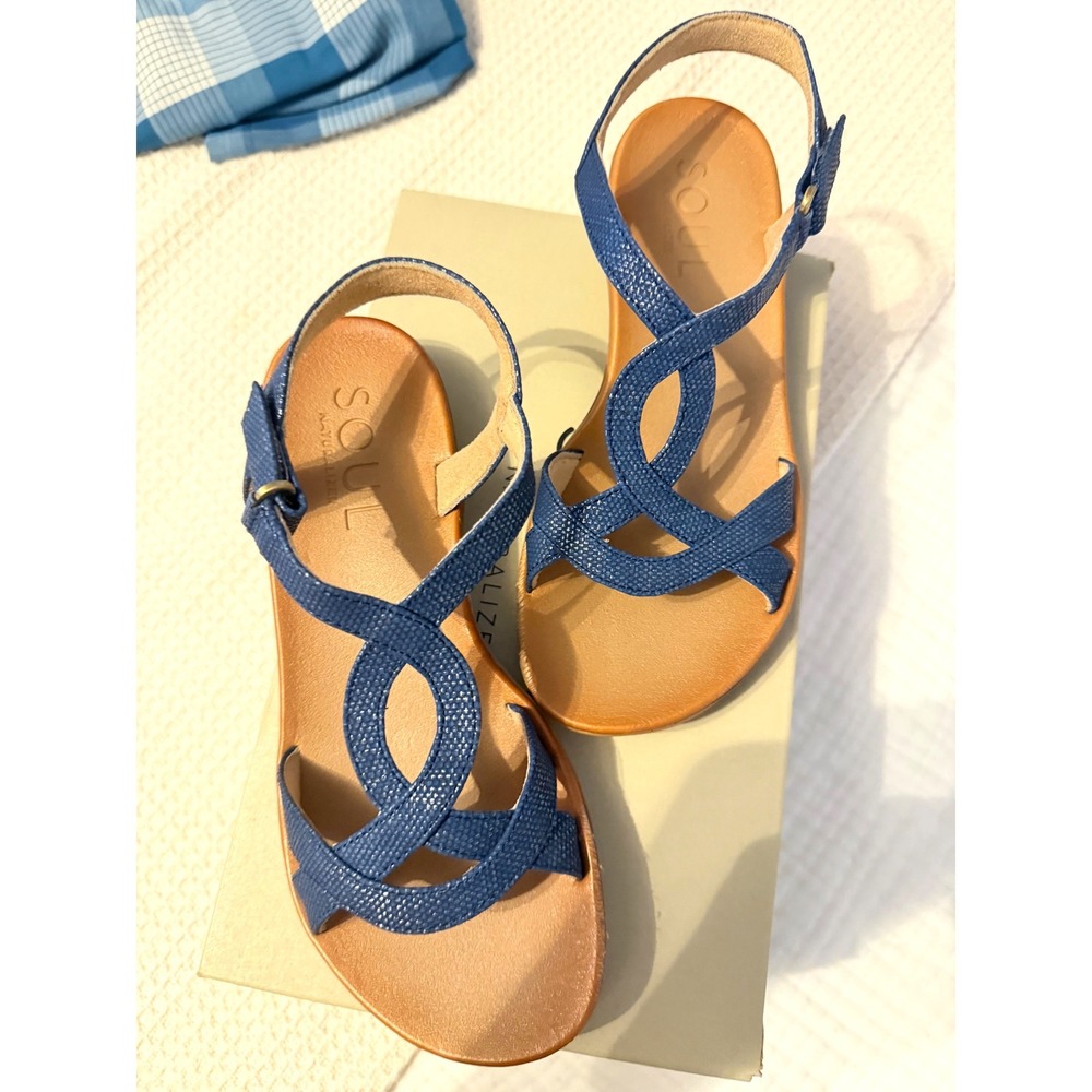 Soul Naturalizer Solo Blue Strappy Wedge Sandals Womens 7 W Wide Comfort - Picture 2 of 4